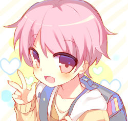Rule 34 | 1boy, androgynous, backpack, bag, drag0nia, highres, looking at viewer, male focus, open mouth, original, pink eyes, pink hair, portrait, randoseru, short hair, solo, upper body, v