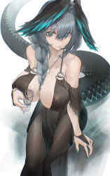 Rule 34 | 1girl, absurdres, aqua eyes, aqua nails, arknights, bare shoulders, black dress, black pantyhose, braid, breasts, cleavage, covered erect nipples, cup, dress, fangs, fangs out, feet out of frame, hair over eyes, head wings, highres, ho&#039;olheyak (arknights), holding, holding cup, large breasts, long hair, looking at viewer, nail polish, pantyhose, simple background, sitting, slox, snake tail, solo, tail, white background, wings