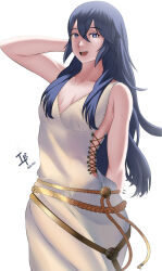 Rule 34 | 1girl, arcedo, arm behind back, arm behind head, arm up, armpits, artist name, bare shoulders, blue eyes, blue hair, breasts, cleavage, collarbone, dress, female focus, fire emblem, fire emblem awakening, fire emblem heroes, hair between eyes, hair ornament removed, happy, highres, intelligent systems, long dress, long hair, looking at viewer, lucina (fire emblem), lucina (valentine) (fire emblem), matching hair/eyes, neck, nintendo, no bra, official alternate costume, open mouth, parted bangs, rope belt, side slit, sidelocks, simple background, sleeveless, small breasts, smile, standing, sundress, symbol in eye, tiara removed, white background, white dress