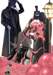 Rule 34 | 1girl, absurdres, animal ears, black cat, black pantyhose, cat, cat ears, cat tail, feet, glowing, glowing eyes, hat, highres, liquid, maid, maid headdress, mask, monster girl, no shoes, original, pantyhose, pile of skulls, plague doctor, plague doctor mask, simple background, skull, slime (substance), slime girl, slm, soles, tail, white background