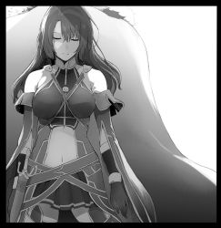 Rule 34 | 1boy, 1girl, back-to-back, black border, border, breasts, cape, clothing cutout, detached sleeves, closed eyes, hephaestion (fate), fate/grand order, fate (series), gloves, greyscale, iskandar (fate), lord el-melloi ii case files, monochrome, navel, short sword, skirt, stomach cutout, sword, syatey, weapon, white background