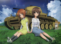 Rule 34 | 10s, 2girls, blush, breasts, casual, cloud, day, dog, dress, girls und panzer, highres, holding hands, kneehighs, large breasts, medium breasts, military, military vehicle, motor vehicle, multiple girls, nishizumi maho, nishizumi miho, official art, panzer ii, panzer ii, scan, siblings, sisters, sky, smile, socks, symmetrical pose, tank, vehicle
