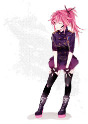 Rule 34 | 1girl, bad id, bad pixiv id, belt, boots, cul, fingerless gloves, gloves, hands on thighs, hatsuko, headset, medal, one eye closed, pink eyes, pink hair, ponytail, skirt, solo, standing, thighhighs, vocaloid, wink, zettai ryouiki