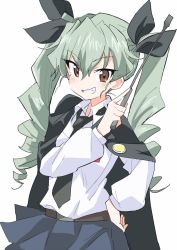 Rule 34 | 10s, 1girl, :d, anchovy (girls und panzer), belt, black skirt, cape, dress shirt, drill hair, emblem, girls und panzer, green hair, hair ornament, hair ribbon, hand on own hip, hibimegane, highres, image sample, long hair, long sleeves, looking at viewer, miniskirt, necktie, open mouth, pleated skirt, red eyes, ribbon, riding crop, school uniform, shirt, simple background, skirt, smile, solo, twin drills, twintails, white background, white shirt