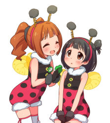 Rule 34 | 10s, 2girls, :d, :o, ^ ^, animal costume, black gloves, black hair, blush, brown eyes, brown hair, closed eyes, closed eyes, gloves, hairband, idolmaster, idolmaster (classic), idolmaster million live!, insect wings, kanya pyi, ladybug costume, matching outfits, multiple girls, nakatani iku, name tag, open mouth, polka dot, scrunchie, sleeveless, smile, spring (object), takatsuki yayoi, thighhighs, twintails, wings