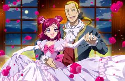 Rule 34 | 00s, 1boy, 1girl, :d, age difference, ballroom dress, bow, bunbee, bunbee (yes! precure 5), choker, couple, dancing, dress, elbow gloves, eyelashes, flower, formal, frills, gloves, gown, hair ribbon, height difference, hetero, maeashi, open mouth, pink hair, pink rose, precure, purple eyes, ribbon, rose, short twintails, smile, twintails, two side up, yes! precure 5, yumehara nozomi