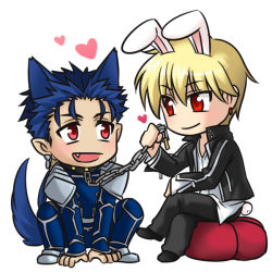 Rule 34 | 2boys, animal ears, bad id, bad pixiv id, blue hair, chain, chibi, chibiru, collar, cu chulainn (fate), cu chulainn (fate/stay night), dog boy, dog ears, dog tail, earrings, fang, fate/stay night, fate (series), full body, gilgamesh (fate), heart, jewelry, long hair, male focus, multiple boys, official alternate costume, open mouth, pet play, polearm, rabbit ears, rabbit tail, red eyes, short hair, simple background, smile, tail, weapon, white background