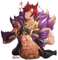 Rule 34 | 1boy, ?, abstract, absurdres, angry, animal ears, bandaged arm, bandages, bare pectorals, clenched teeth, facial hair, glowing, highres, league of legends, male focus, muscular, nillith, own hands together, pectorals, red eyes, red hair, scar, scar on face, scar on nose, sett (league of legends), signature, simple background, solo, stubble, teeth, twitter username, white background