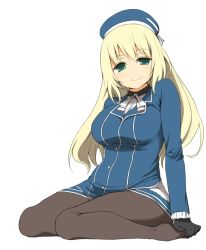 Rule 34 | 10s, 1girl, atago (kancolle), black gloves, black pantyhose, blonde hair, blue hat, blush, breasts, gloves, green eyes, hat, highres, kantai collection, large breasts, long hair, looking at viewer, military, military uniform, morino harifu, pantyhose, personification, simple background, sitting, smile, solo, uniform, wariza, white background