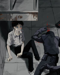 Rule 34 | 1boy, 2others, a12740807, absurdres, black gloves, black hair, black pants, black shirt, black vest, blood, blood on clothes, blood on face, blood on ground, bloody weapon, blue eyes, collared shirt, commentary, constricted pupils, corpse, cross-laced footwear, death, the end of evangelion, from above, gloves, gun, hand on floor, hand on own thigh, highres, ikari shinji, indoors, knees up, long sleeves, looking at another, lying, male focus, multiple others, neon genesis evangelion, on floor, on stomach, pants, parted lips, pouch, rust, scared, school uniform, shadow, shirt, short hair, short sleeves, sitting, skinny, spoilers, undershirt, vest, weapon, white footwear, wide-eyed