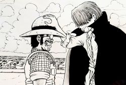 Rule 34 | 2boys, artist request, beard, cape, clenched teeth, crossover, crying, dragon ball, dragonball z, facial hair, farmer (dragon ball), hat, highres, looking at another, monochrome, multiple boys, mustache, ocean, one piece, parody, shanks (one piece), size difference, sky, straw hat, tears, teeth, what