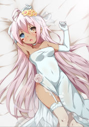 Rule 34 | 1girl, absurdres, ahoge, alternate costume, alternate hairstyle, arms up, azur lane, bare shoulders, blue eyes, blush, breasts, bridal veil, choker, covered navel, dark-skinned female, dark skin, dress, facepaint, flower, garter straps, gloves, gradient hair, hair between eyes, hair down, hair flower, hair ornament, heterochromia, highres, indianapolis (azur lane), long hair, looking at viewer, lying, medium breasts, multicolored hair, niujiao bao, on back, open mouth, see-through, side slit, solo, strapless, strapless dress, thighhighs, veil, very long hair, wedding dress, white dress, white flower, white gloves, white thighhighs, yellow eyes