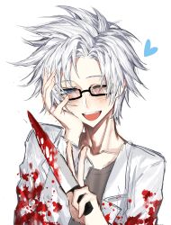 Rule 34 | 1boy, absurdres, blood, blood on clothes, bloody knife, blue eyes, brown shirt, glasses, hand on own cheek, hand on own face, heart, highres, holding, holding knife, jcwlg, kanou aogu, knife, lab coat, male focus, one eye closed, open clothes, open mouth, rectangular eyewear, saibou shinkyoku, semi-rimless eyewear, shirt, short hair, simple background, smile, solo, teeth, upper teeth only, white background, white hair