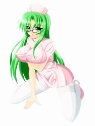 Rule 34 | 1girl, arm support, banemumu, breasts, glasses, green eyes, green hair, impossible clothes, kneeling, large breasts, long hair, nurse, original, pantyhose, pink footwear, shoes, simple background, solo, thighhighs, white background, white thighhighs
