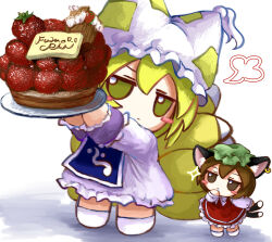 Rule 34 | 2girls, absurdres, animal ear fluff, animal ear headwear, animal ear piercing, animal ears, blonde hair, blue tabard, blush stickers, brown eyes, brown hair, cake, cat ears, cat tail, chen, chibi, closed mouth, dress, fake animal ears, food, fox tail, frilled skirt, frills, fruit, full body, fumo (doll), green headwear, hand to own mouth, hands up, hat, hat tassel, highres, holding, holding cake, holding food, holding plate, jitome, long sleeves, looking at viewer, making-of available, mob cap, multiple girls, multiple tails, plate, puff of air, red skirt, red vest, shirt, short hair, size difference, skirt, socks, sparkle, standing, strawberry, tabard, tail, touhou, two tails, vest, white background, white dress, white headwear, white shirt, white socks, yakumo ran, yakumora n, yellow eyes