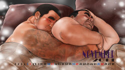 Rule 34 | 2011, 2boys, afterglow, arm tattoo, artist request, bara, beard stubble, blurry, blush, bokeh, buzz cut, calendar (medium), couple, cuddling, depth of field, facial hair, highres, hug, hug from behind, irezumi, lying, male focus, mature male, multiple boys, old, old man, on bed, on side, original, pillow, short hair, sideburns, sideburns stubble, sleeping, smile, stubble, tattoo, thick eyebrows, topless male, translation request, under covers, upper body, very short hair, yaoi