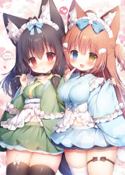 Rule 34 | 2girls, :d, ahoge, animal ear fluff, animal ears, antenna hair, apron, black hair, black legwear, blue eyes, blue kimono, blue skirt, blush, breasts, brown eyes, brown hair, chestnut mouth, commentary request, fang, floral background, frilled apron, frills, green kimono, green skirt, hands up, heart, heterochromia, highres, index finger raised, japanese clothes, kimono, long sleeves, maid, maid headdress, medium breasts, momozu komamochi, multiple girls, navel, open mouth, original, parted lips, pinching sleeves, pleated skirt, red eyes, single thighhigh, skirt, sleeves past wrists, smile, spoken blush, spoken heart, thighhighs, two side up, wa maid, waist apron, white apron, white legwear, wide sleeves, wing hair ornament