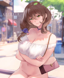 Rule 34 | 1girl, artist name, aztodio, bag, bare shoulders, blush, bottomless, breasts, brown hair, choker, cleavage, collarbone, crossed arms, flower, genshin impact, green eyes, hair flower, hair ornament, large breasts, leaf, lisa (genshin impact), long hair, looking at viewer, off-shoulder shirt, off shoulder, outdoors, public indecency, shirt, shoulder bag, smile, solo, tree, white shirt