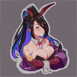 Rule 34 | 1girl, animal ears, arm under breasts, bad link, black hair, blue eyes, blush, bow, bowtie, breasts, breasts squeezed together, brown dust 2, chest tattoo, cleavage, collar, colored inner hair, cropped torso, cup, drinking glass, eclipse (brown dust 2), fake animal ears, full-face blush, gloves, grey background, hair over one eye, holding, holding cup, jacket, large breasts, long hair, multicolored hair, off shoulder, outline, ponytail, purple hair, purple jacket, rabbit ears, red bow, red bowtie, red gloves, simple background, smile, solo, stealthmoves, tattoo, wavy mouth, white collar, white outline, white wrist cuffs, wine glass, wrist cuffs