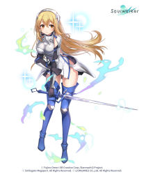 Rule 34 | 1girl, absurdres, aiz wallenstein, aiz wallenstein (cosplay), armor, black gloves, blonde hair, blue footwear, boots, breastplate, clothing cutout, cosplay, dress, dungeon ni deai wo motomeru no wa machigatteiru darou ka, elbow gloves, faulds, floating hair, full body, gloves, haru estia, headdress, highres, holding, holding sword, holding weapon, kyjsogom, leaning forward, long hair, looking at viewer, official art, orange eyes, parted lips, pauldrons, pelvic curtain, shoulder armor, side cutout, sleeveless, sleeveless dress, solo, soulworker, sword, thigh boots, thighhighs, thighs, vambraces, weapon, white dress