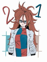 Rule 34 | 1girl, android 21, blue eyes, brown hair, dragon ball, dragon ball fighterz, ear piercing, earrings, glasses, highres, jewelry, lab coat, long hair, looking at viewer, neo0708yuka, piercing, solo, upper body