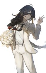 Rule 34 | 1girl, alternate costume, blonde hair, bouquet, braid, brown eyes, brown hair, collared shirt, dress shirt, eyepatch, floating hair, flower, formal, girls&#039; frontline, hand up, head tilt, highres, holding, holding bouquet, imoko (imonatsuki), jacket, long hair, long sleeves, looking at viewer, m16a1 (girls&#039; frontline), mole, mole under eye, multicolored hair, necktie, open clothes, open jacket, pants, parted lips, scar, scar across eye, scar on face, shirt, simple background, single braid, smile, solo, streaked hair, suit, w, white background, white flower, white jacket, white pants, white suit, wind, wind lift