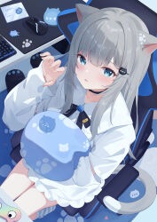 Rule 34 | 1girl, absurdres, animal ears, blue eyes, cat ears, cat girl, cat tail, chair, claw pose, desk, dress, gaming chair, grey hair, highres, holding, holding pillow, indie virtual youtuber, keyboard (computer), long hair, long sleeves, looking at viewer, mouse (computer), mousepad (object), nachoneko, pillow, shinshia (sinsia 0928), short dress, sitting, swivel chair, tail, virtual youtuber, white dress