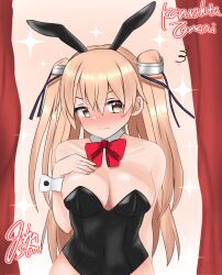 Rule 34 | 1girl, animal ears, bare legs, bare shoulders, black leotard, blush, bow, bowtie, breasts, brown eyes, cleavage, curtains, detached collar, embarrassed, fake animal ears, hair ornament, hand on own chest, highres, indoors, johnston (kancolle), kantai collection, leotard, light brown hair, long hair, looking at viewer, medium breasts, playboy bunny, rabbit ears, signature, solo, strapless, strapless leotard, tomori (ka78695280), traditional bowtie, two side up, upper body, wrist cuffs