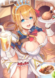 Rule 34 | 1girl, :d, alcohol, beer, blouse, blue eyes, blue sleeves, blush, breasts, buttons, candle, cleavage, commentary request, cowboy shot, cup, fireplace, food, from above, gloves, hair between eyes, hair ribbon, hair up, highres, himuro shunsuke, holding, holding cup, holding food, indoors, large breasts, legs together, light blush, long hair, looking at viewer, miniskirt, open mouth, orange hair, pecorine (princess connect!), princess connect!, puffy short sleeves, puffy sleeves, red neckwear, red ribbon, red skirt, ribbon, shirt, short sleeves, shrug (clothing), skirt, smile, solo, table, teeth, tiara, tonkatsu, waitress, white shirt, wooden floor