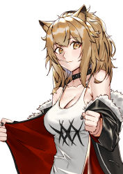 Rule 34 | 1girl, absurdres, animal ears, arknights, bare shoulders, black jacket, blonde hair, breasts, candy, cleavage, closed mouth, collar, collarbone, food, food in mouth, fur-trimmed jacket, fur trim, highres, jacket, lion ears, lollipop, long sleeves, looking at viewer, medium breasts, mouth hold, off shoulder, renxzd, shirt, siege (arknights), simple background, smile, solo, tank top, upper body, white background, white shirt, yellow eyes