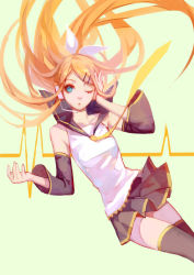 Rule 34 | 1girl, :o, aged up, ask (askzy), blue eyes, floating hair, future style (module), green background, hair ornament, hairclip, kagamine rin, long hair, necktie, one eye closed, orange hair, skirt, solo, tagme, thighhighs, vocaloid, wink, zettai ryouiki