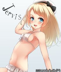Rule 34 | 1girl, armpits, artist name, bikini, blonde hair, blue eyes, breasts, character name, commentary request, cowboy shot, dated, frilled bikini, frills, hat, highres, jervis (kancolle), kantai collection, looking at viewer, navel, nuka (nvkka), one-hour drawing challenge, open mouth, round teeth, sailor hat, simple background, small breasts, smile, solo, swimsuit, teeth, twitter username, upper teeth only, white background, white bikini, white hat