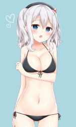 Rule 34 | 10s, 1girl, alternate costume, bare arms, bare shoulders, beret, bikini, black bikini, blue background, blue eyes, breast hold, breasts, cleavage, commentary request, eyebrows, hat, heart, highres, kantai collection, kashima (kancolle), kinakon, large breasts, looking at viewer, navel, open mouth, side-tie bikini bottom, silver hair, simple background, solo, swimsuit, twintails, wavy hair