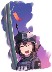 Rule 34 | 1girl, :d, ^ ^, absurdres, bamboo, black jacket, brown hair, closed eyes, commentary, ear protection, goddess of victory: nikke, hair between eyes, helmet, highres, jacket, kano hoshi, lumi (nikke), military jacket, military uniform, open mouth, portrait, sidelocks, smile, solo, standing, tanzaku, uniform, white background