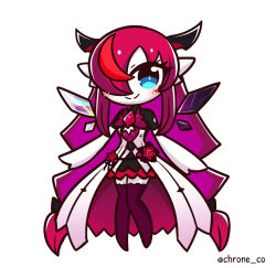 Rule 34 | 1girl, asymmetrical wings, blue eyes, brooch, chibi, chroneco, commentary, creatures (company), crystal wings, detached wings, dress, english commentary, fusion, game freak, gardevoir, gen 3 pokemon, heart, heart brooch, hololive, hololive english, horns, irys (hololive), jewelry, long hair, looking at viewer, multicolored hair, nintendo, pokemon, purple hair, purple thighhighs, red hair, simple background, smile, solo, streaked hair, thighhighs, twitter username, very long hair, virtual youtuber, white background, white dress, wings