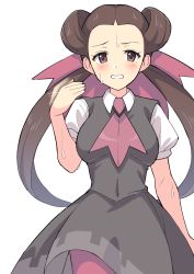 Rule 34 | 1girl, afterimage, blush, breasts, brown hair, collared shirt, commentary request, creatures (company), dress, eyelashes, fanning self, game freak, grey dress, hair ribbon, hand up, highres, long hair, looking at viewer, motion lines, nintendo, pantyhose, perapera, pokemon, pokemon oras, raised eyebrow, ribbon, roxanne (pokemon), shirt, short sleeves, simple background, solo, sweat, twintails, white background, white shirt