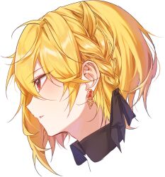 Rule 34 | 1boy, androgynous, black ribbon, black shirt, blonde hair, braid, collared shirt, crown braid, earrings, ensemble stars!, facing to the side, highres, jewelry, kes 0210, male focus, nito nazuna, official alternate hairstyle, parted lips, profile, red eyes, ribbon, shirt, short hair, solo, teeth