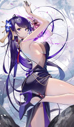 Rule 34 | 1girl, armpits, arms up, backless dress, backless outfit, black dress, breasts, closed mouth, drawing sword, dress, electricity, fantasy, flower, fog, from side, genshin impact, hair flower, hair ornament, hair tassel, high heels, highres, holding, holding sword, holding weapon, large breasts, leg up, long dress, looking at viewer, magic, mitsudomoe (shape), mole, mole under eye, outdoors, purple eyes, purple flower, purple hair, raiden shogun, scottie (phantom2), sleeveless, sleeveless dress, solo, standing, standing on one leg, sword, sword between breasts, tassel, tassel hair ornament, thighs, tomoe (symbol), tree, vision (genshin impact), weapon