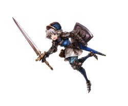 Rule 34 | 10s, 1girl, armor, armored boots, bag, belt, blue armor, blue eyes, boots, breastplate, farrah (granblue fantasy), full body, gauntlets, granblue fantasy, helmet, holding, holding weapon, minaba hideo, open mouth, shield, short hair, simple background, solo, thighhighs, transparent background, tripping, weapon, white hair