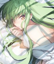 Rule 34 | 1girl, c.c., code geass, creayus, finger to mouth, green hair, long hair, looking at viewer, off shoulder, shirt, shoulder blades, solo, yellow eyes