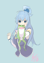 Rule 34 | 1girl, absurdres, ahoge, animal, aqua (konosuba), bare shoulders, blue background, blue eyes, blue hair, blue shirt, blush, breasts, commentary request, covered mouth, detached sleeves, eyes visible through hair, frog, hair between eyes, hair bobbles, hair ornament, hair rings, half updo, hand up, highres, holding, holding animal, jitome, kono subarashii sekai ni shukufuku wo!, large breasts, long hair, long sleeves, looking at viewer, outstretched arm, raised eyebrows, sayu (user yjsz2885), shirt, simple background, sleeveless, sleeveless shirt, solo, tearing up, tears, upper body, very long hair, white sleeves, wide-eyed