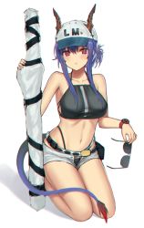 Rule 34 | 1girl, arknights, bare arms, bare shoulders, baseball cap, belt, bikini, black bikini, blue hair, blush, breasts, ch&#039;en (arknights), ch'en (arknights), collarbone, commentary request, cundang, dragon horns, dragon tail, female tourist c (arknights), grey shorts, hair between eyes, hat, highleg, highleg bikini, holding, holding removed eyewear, horns, horns through headwear, long hair, looking at viewer, medium breasts, navel, official alternate costume, open fly, parted lips, red eyes, seiza, shadow, short shorts, shorts, sidelocks, simple background, sitting, solo, stomach, sunglasses, swimsuit, tail, thighs, unworn eyewear, watch, white background, white hat, wristwatch