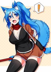 Rule 34 | !, 1girl, animal ears, black thighhighs, blue eyes, blue hair, blush, breasts, checkered background, cleavage, fang, female focus, fox ears, fox tail, fur, holding, jacket, konshin, large breasts, leaning forward, long hair, matching hair/eyes, open mouth, original, ponytail, red scarf, scarf, smile, solo, spoken exclamation mark, tail, thighhighs, zettai ryouiki