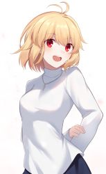 Rule 34 | 1girl, antenna hair, arcueid brunestud, arms behind back, blonde hair, blush, breasts, chain necklace, commentary request, hair between eyes, highres, jewelry, long sleeves, looking at viewer, medium breasts, necklace, nemu mohu, open mouth, red eyes, short hair, simple background, single hair intake, sleeves past wrists, smile, solo, sweater, teeth, tsukihime, tsukihime (remake), turtleneck, turtleneck sweater, upper teeth only, white background, white sweater
