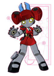 Rule 34 | 1girl, bleedman, cartoon network, commission, dress, gun, mecha, missile, no humans, outline, powerpuff dynamo, powerpuff girls, red dress, red hair, robot, short sleeves, short twintails, solo, standing, twintails, weapon, white background, yellow eyes, zoom layer
