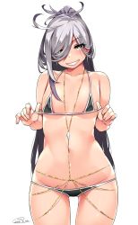 Rule 34 | 1girl, ahoge, asashimo (kancolle), bikini, black bikini, commentary request, cowboy shot, dated, flat chest, grey eyes, grin, hair over one eye, happa (cloverppd), jewelry, kantai collection, long hair, looking at viewer, lowleg, lowleg bikini, micro bikini, ponytail, signature, silver hair, simple background, smile, solo, standing, swimsuit, thigh gap, white background