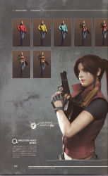 Rule 34 | alternate costume, claire redfield, concept art, denim, denim jacket, gun, highres, jacket, jeans, official art, pants, ponytail, popped collar, raincoat, resident evil, ripped jeans, scarf, variations, weapon