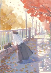 Rule 34 | 1girl, animal, autumn, autumn leaves, beret, black cat, caren hortensia, cat, dress, falling leaves, fate/hollow ataraxia, fate (series), fence, gate, grass, hat, highres, layered sleeves, leaf, lights, long hair, long sleeves, noko morokoshi, outstretched hand, reaching, sitting, solo, tree, wavy hair, white hair, yellow eyes