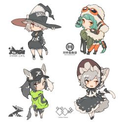 Rule 34 | 4girls, :&gt;, animal ear fluff, animal ears, animal hood, bare shoulders, baseball cap, black bow, black footwear, black hair, black headwear, black hoodie, black ribbon, blush, bow, chibi, closed mouth, clothes writing, dress, english text, fang, frills, fur-trimmed hood, fur trim, goggles, goggles on headwear, green hair, green jacket, grey background, grey hair, gun, hair over one eye, hands in pockets, hat, hood, hood down, hoodie, jacket, kemono fabric, leaning, leaning forward, light green hair, long hair, mask, mogumo, mouth mask, multicolored hair, multiple girls, open mouth, orange eyes, orange goggles, orange legwear, original, paw print, pink eyes, pouch, ribbon, short eyebrows, short hair, simple background, smile, standing, streaked hair, tail, tail bow, tail ornament, twintails, weapon, white legwear, witch hat