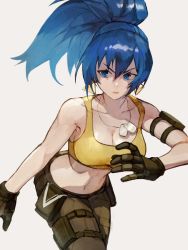 Rule 34 | 1girl, bare shoulders, black gloves, blue eyes, blue hair, breasts, camouflage, camouflage pants, cleavage, earrings, gloves, highres, jewelry, large breasts, leona heidern, military, navel, oni gini, pants, ponytail, tank top, the king of fighters, the king of fighters xv, yellow tank top